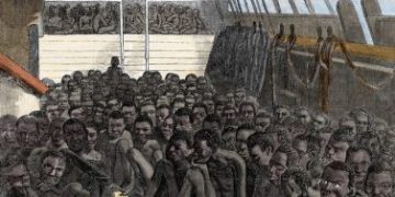 Africains pour le commerce d'esclaves en route pour les Etats Unis a bord du bateau negrier  "Wildfire", en 1860.
©Costa/Leemage