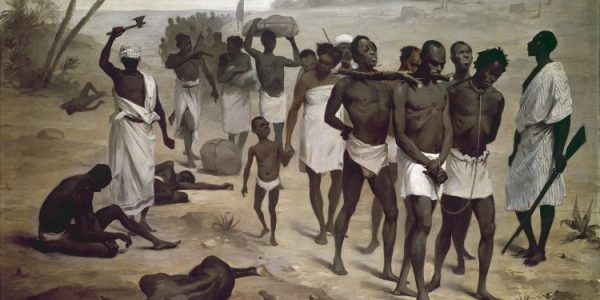 Convoi d'esclaves en Afrique  Peinture anonyme apportee par l'association internationale africaine pour l'exposition de 1878 Paris, Musee du quai Branly