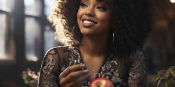 afrikhepri a beautiful black woman smiling while eating an appl 2b663d14 108f 4781 aa51 1c9677af76a1 e1690132014102